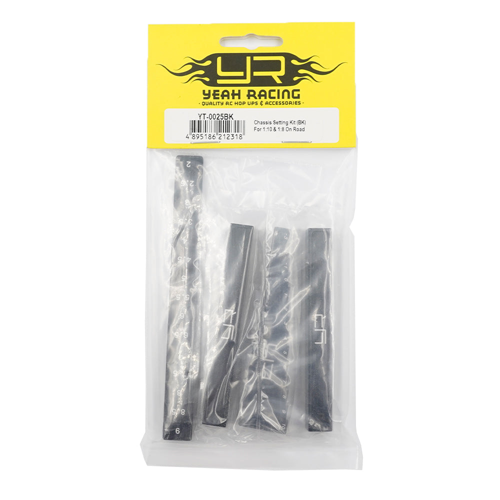 Black Yeah Racing chassis setting kit for 1:10 and 1:8 on-road RC cars, includes tools for tuning and adjustments.