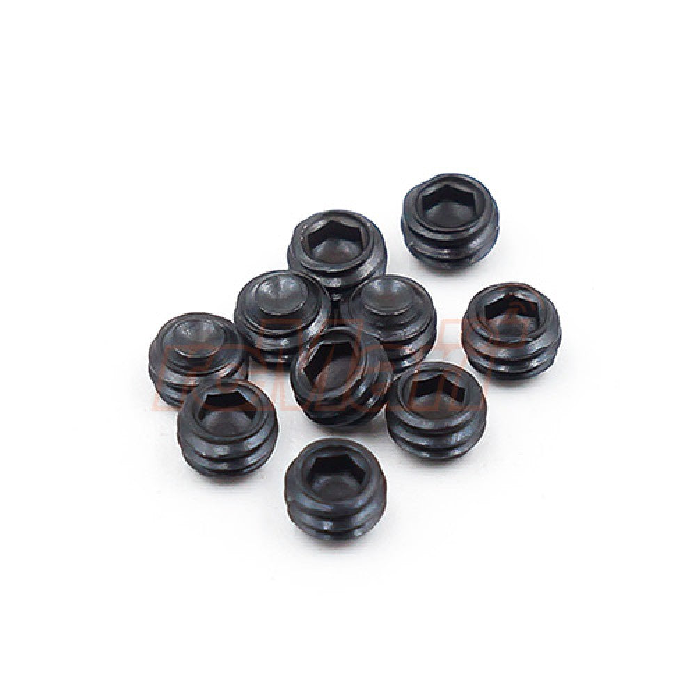 Set of 10 Xpress M3x2mm hex set screws, small metal fasteners with hex heads, suitable for precision assembly.