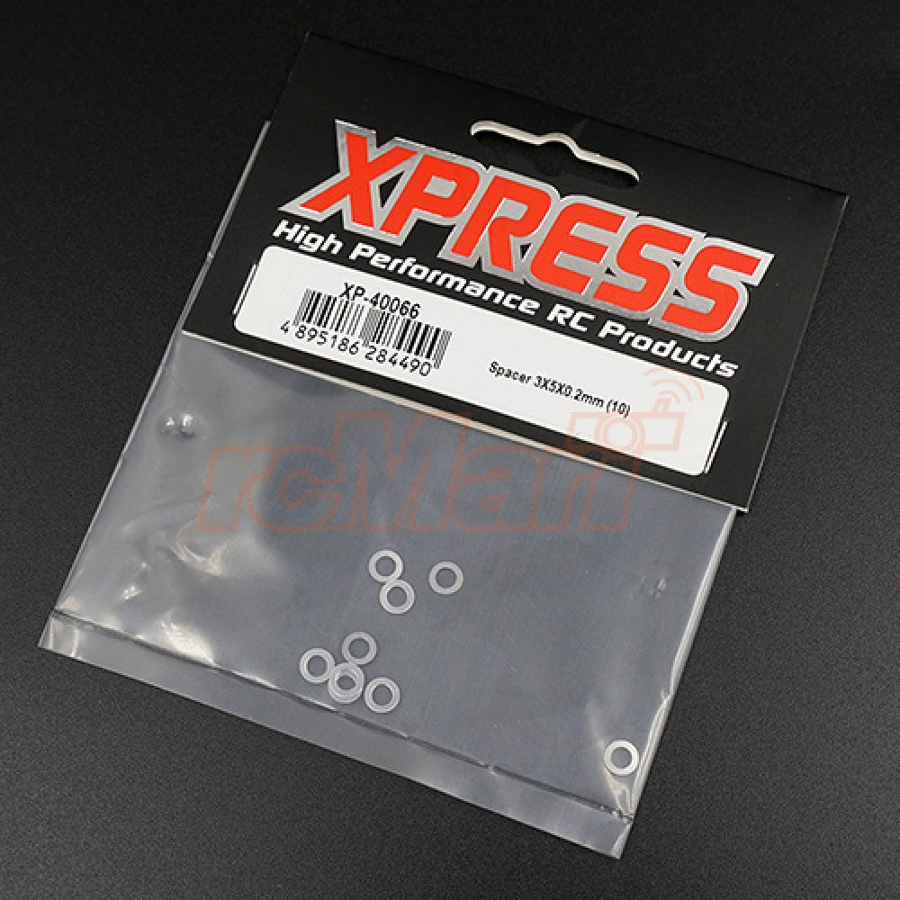 Set of 10 Xpress steel spacers, 3x5x0.2mm, small metal hardware components for precise assembly or DIY projects.