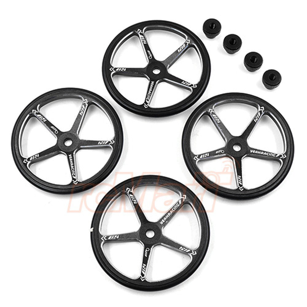 Black aluminum set up wheels for 1:10 M-Chassis RC cars by Yeah Racing, shown with detailed design and smooth finish.