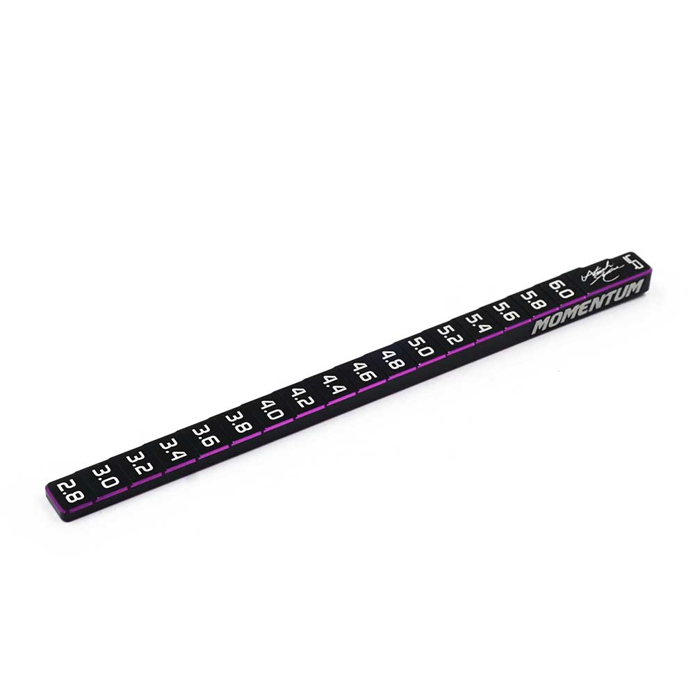 Yeah Racing Momentum 7075 Aluminum Chassis Ride Height Gauge showing a compact measuring tool with engraved markings and a black finish