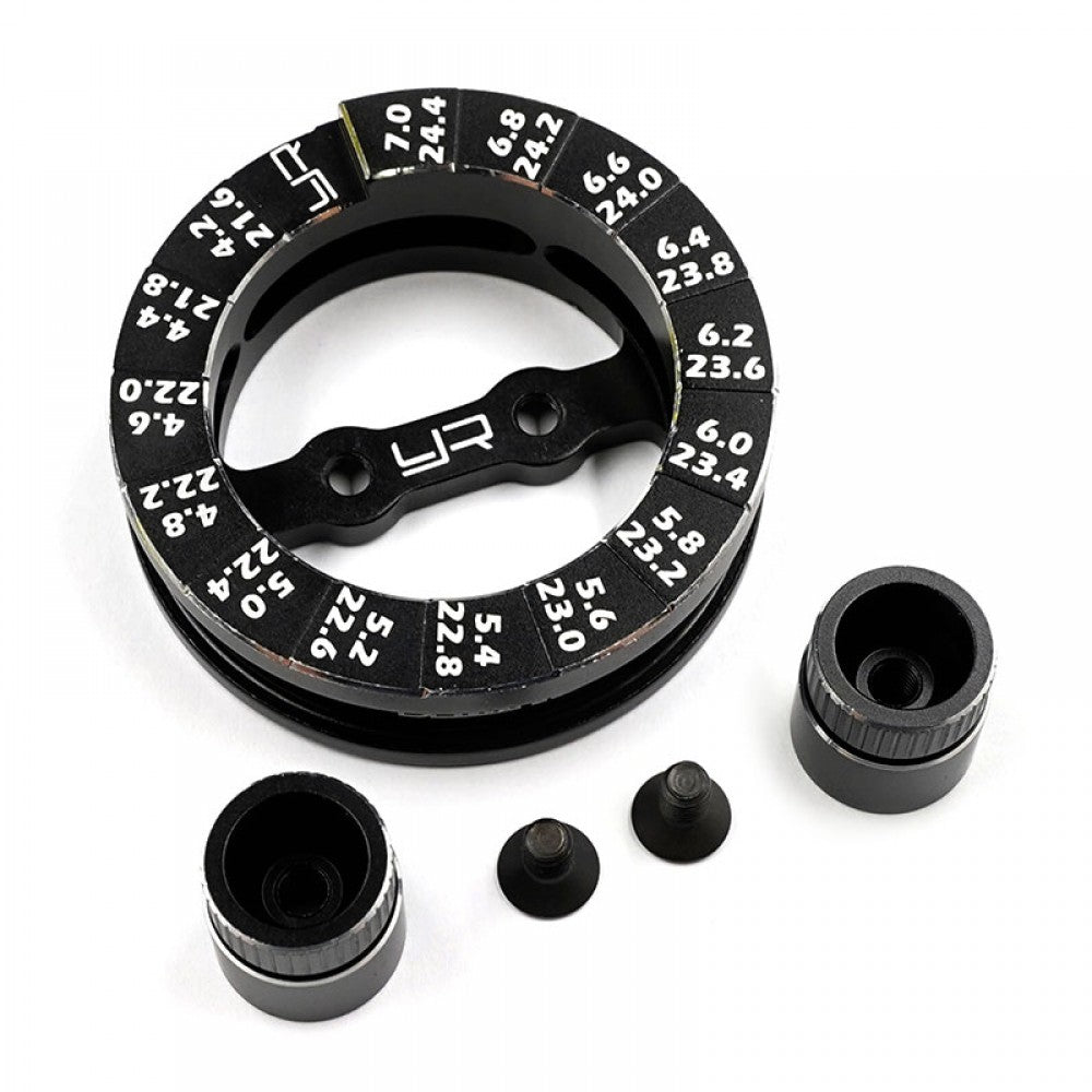 Yeah Racing aluminum round droop gauge for 1/10 touring car, showing precise measurement markings and durable construction.