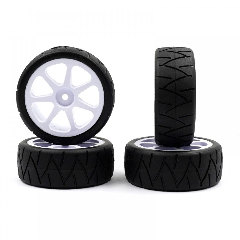 Set of four Xpress USGT Spec Radial Pre-Glued Spoked Wheels for RC cars, with detailed metal spokes and black rims.