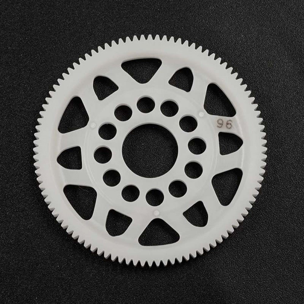 Yeah Racing 64P Delrin Spur Gear with 96 teeth, durable RC car part, shown in black on a plain background.