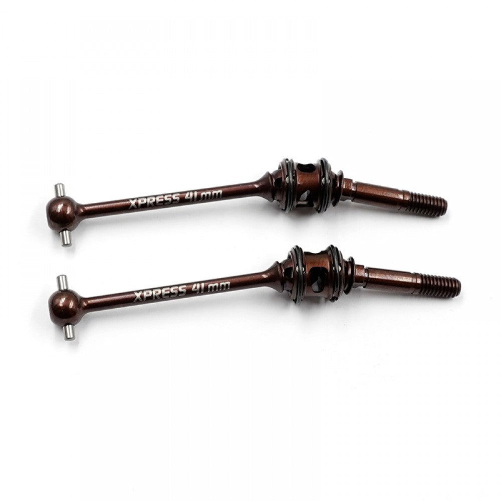 Pair of Xpress Spring Steel Double Joint Universal Shafts showing metal shafts with flexible joints and protective rubber boots.