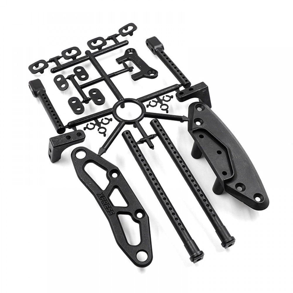 Xpress Low Profile Bumper Body Post Set V3 showing black bumper posts with mounting hardware for RC car.