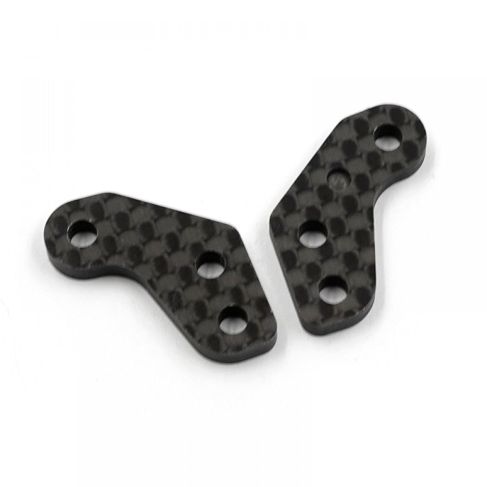 Pair of Xpress +1mm offset rear graphite knuckle plates for RC cars, showing their black, textured surface and precise design features.