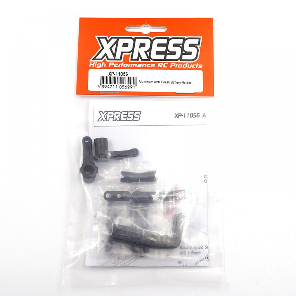 Xpress aluminum anti-tweak battery holder designed for secure battery mounting in RC vehicles, shown in black with mounting screws