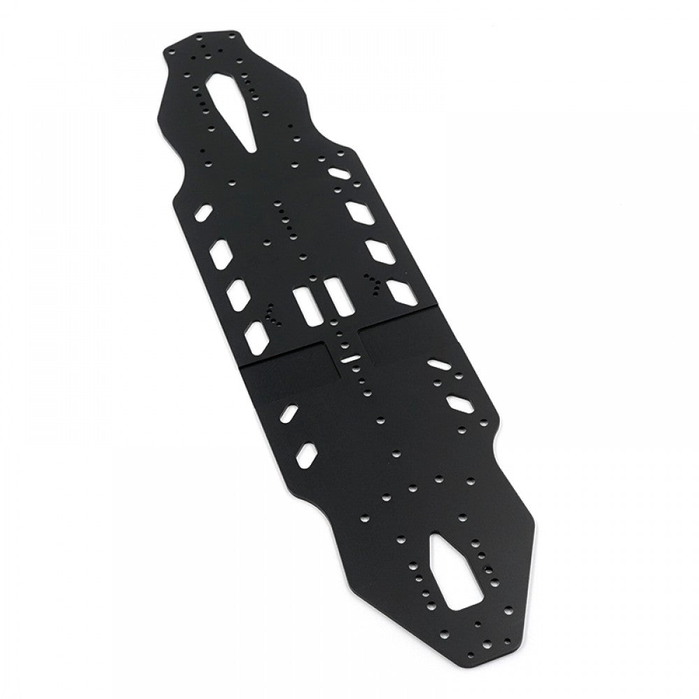 Xpress 2mm aluminum main chassis plate for RC car, featuring precise cutouts and a durable, lightweight construction.
