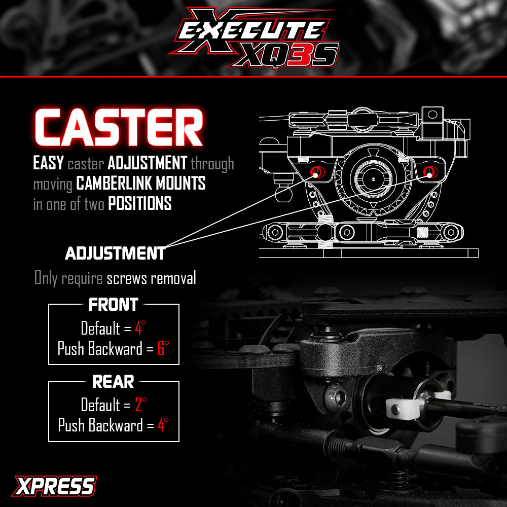 Xpress Execute XQ3S 1/10 4WD sport touring car kit with detailed chassis and components, ready for assembly and racing.