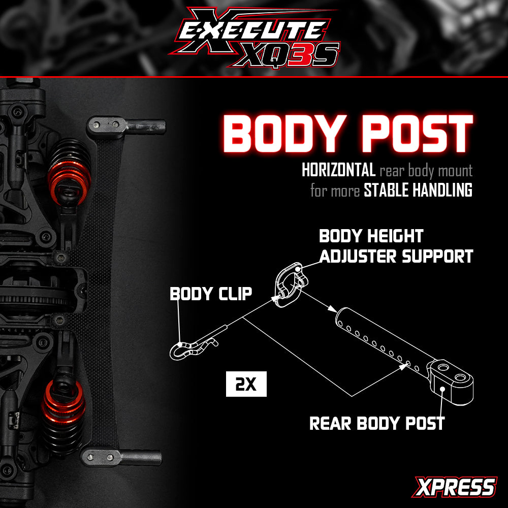 Xpress Execute XQ3S 1/10 4WD sport touring car kit on a white background with detailed chassis components and parts.