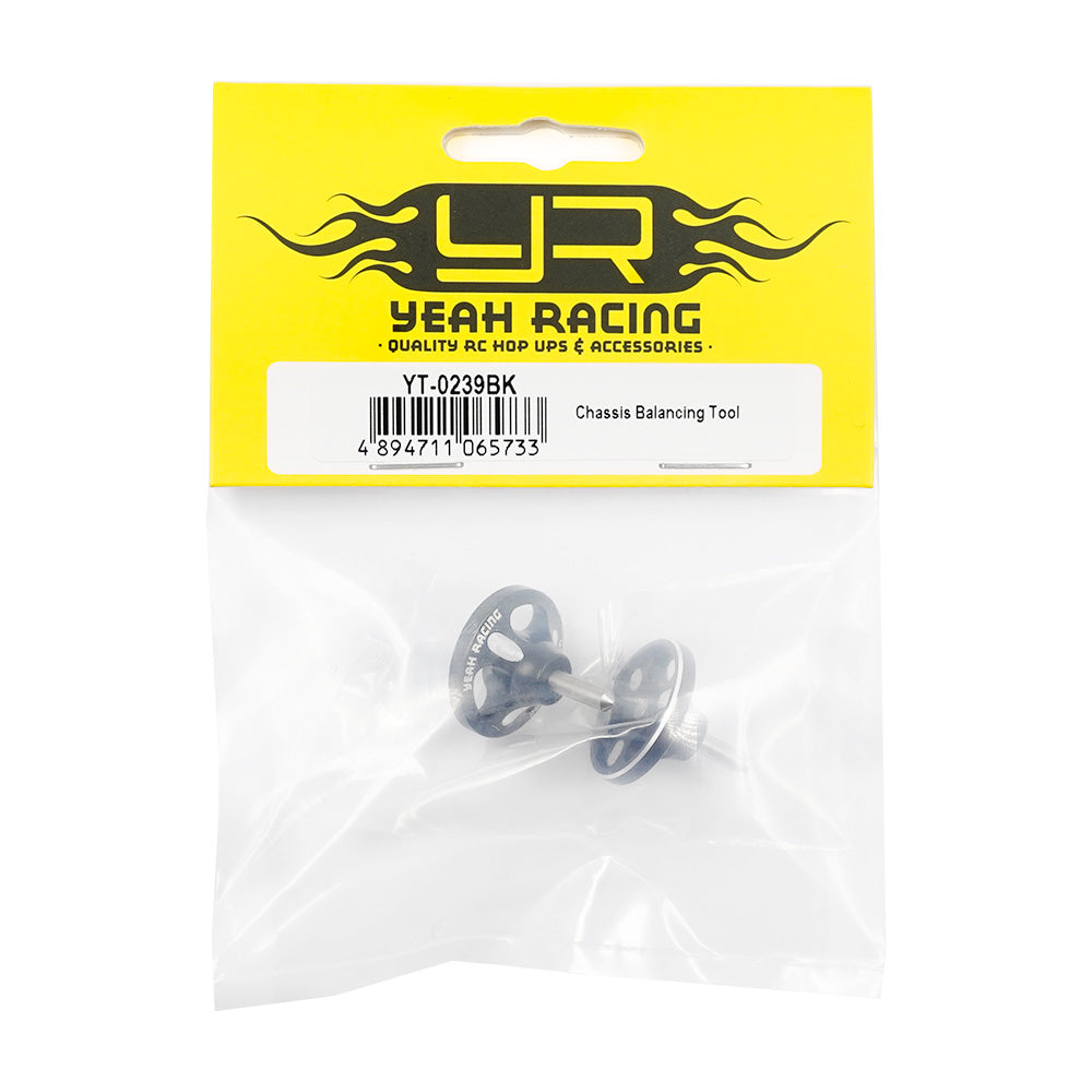 Two black aluminum chassis balancing tools by Yeah Racing, designed for precise RC car weight distribution.
