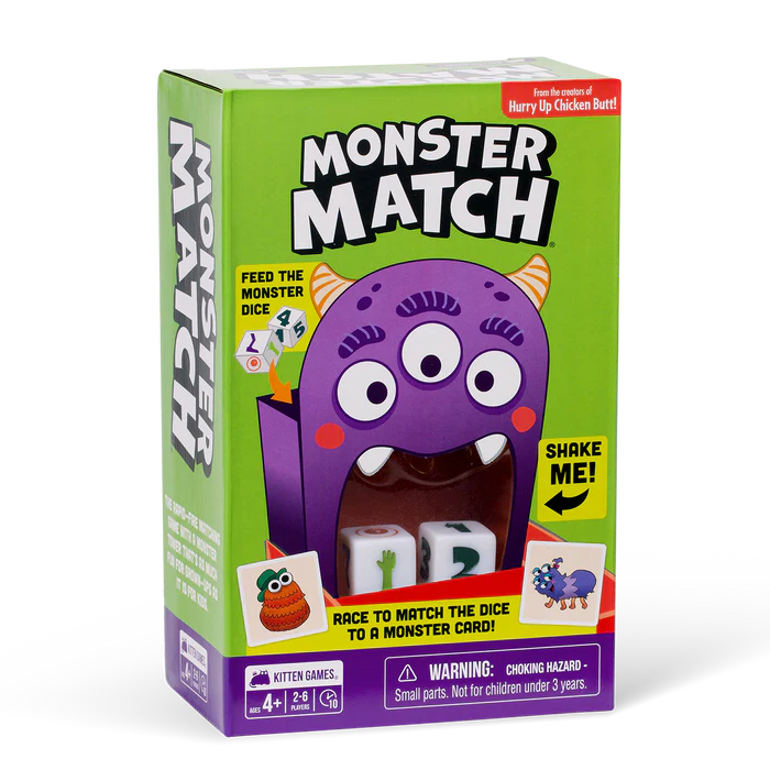 Exploding Kittens Monster Match card game box with colorful illustrated monsters and playful design on a white background.