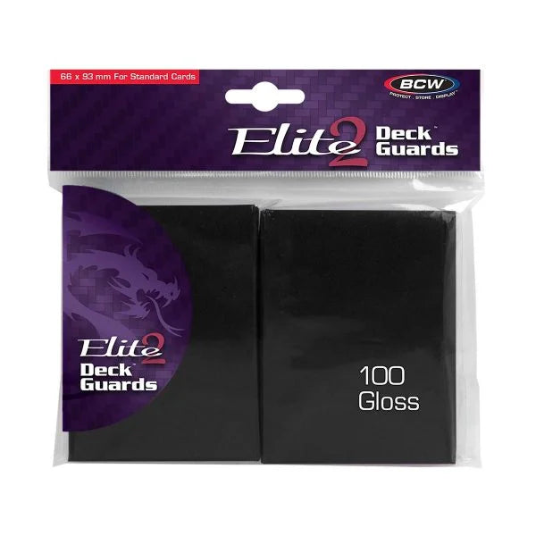 Black BCW Gloss Deck Guards Elite2 card sleeves in a single pack, designed for protecting collectible trading cards.