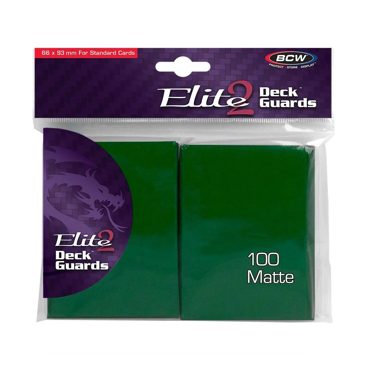 Pack of BCW Matte Deck Guards Elite2 anti-glare card protectors with a green backing, designed for collectible cards.