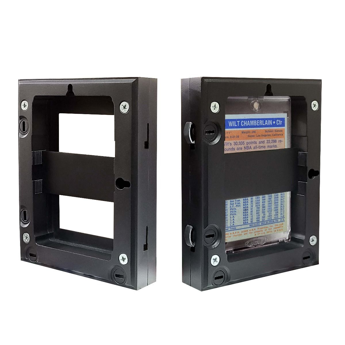 Black BCW interlocking card frames for displaying collectibles or trading cards, shown connected in a secure, interlocking design.