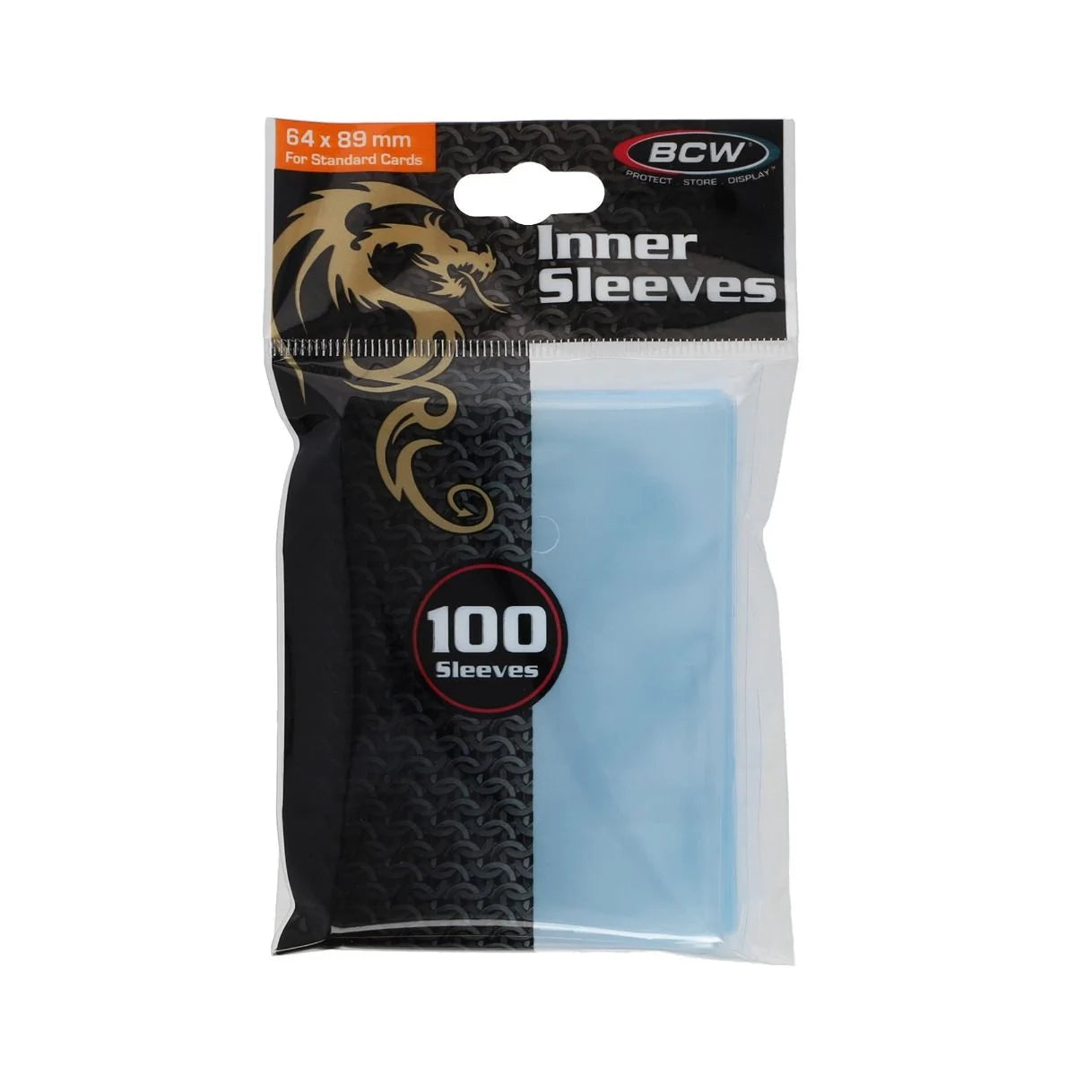 Pack of BCW Standard Inner Sleeves for card protection, shown in packaging. Clear plastic sleeves ideal for storing collectible cards.