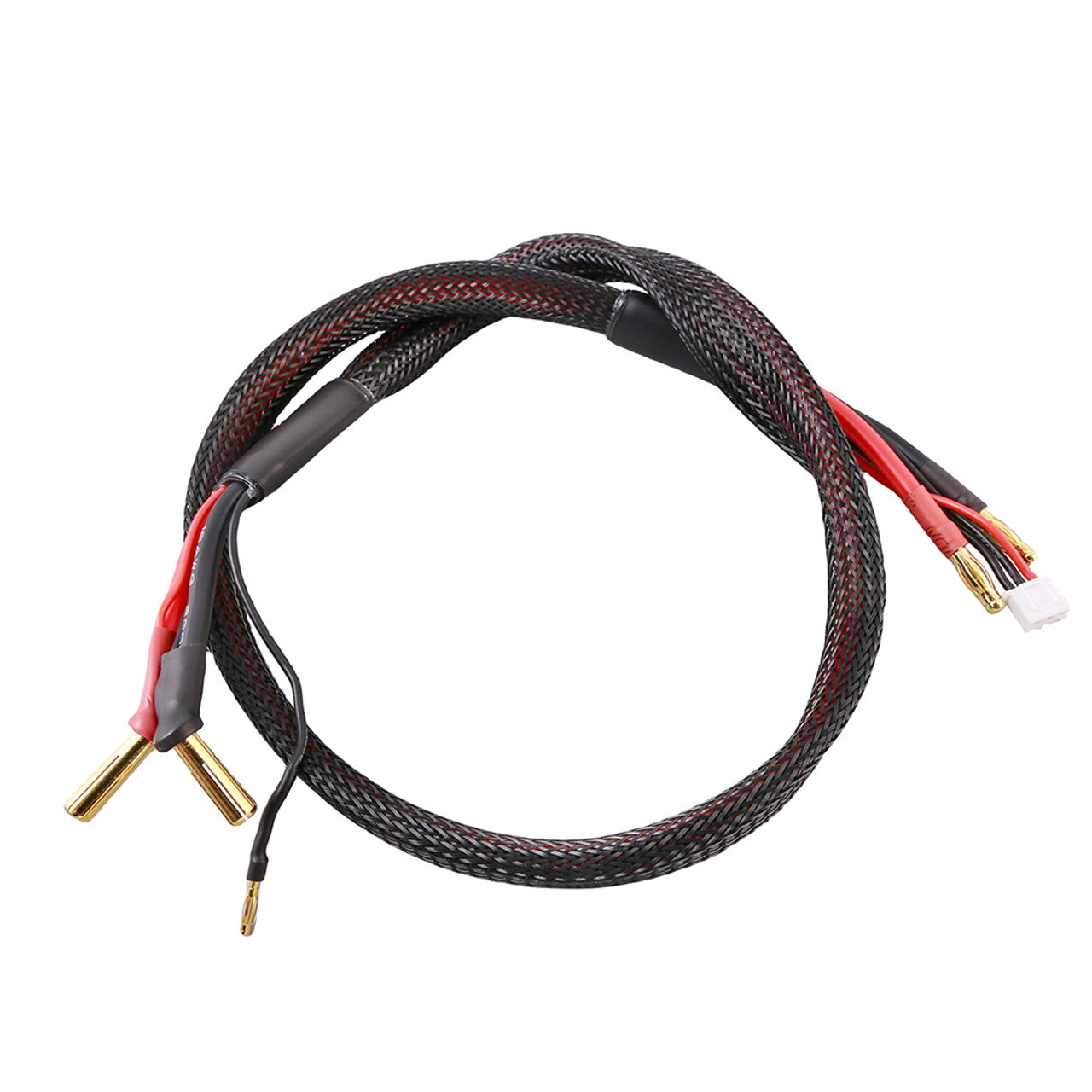 Gens Ace 2S charge cable with 5mm bullet connectors for RC batteries, black and red wires, and connector ends visible.