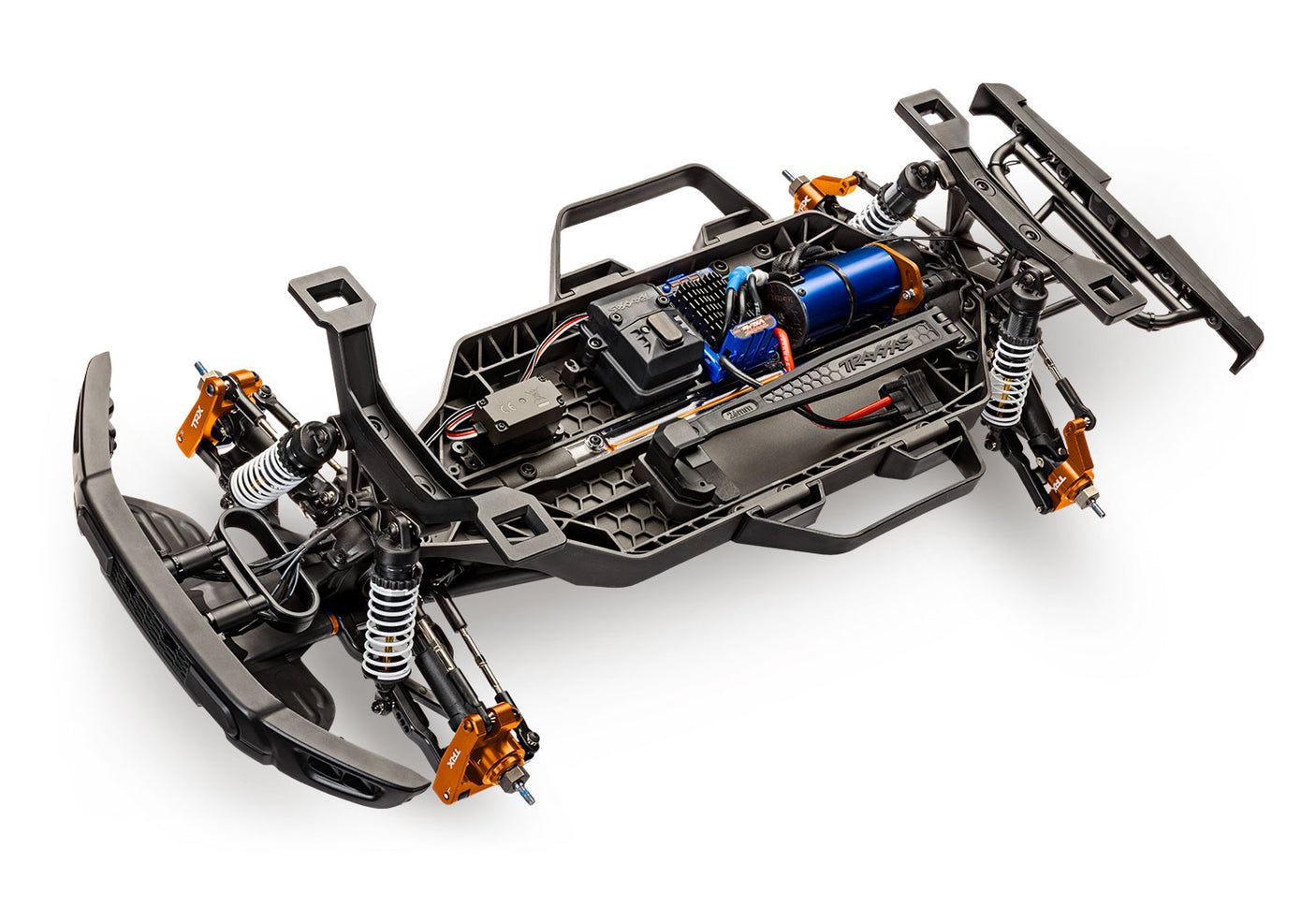 Traxxas Ford Raptor R 4X4 Ultimate RC truck chassis with detailed suspension components and body mount area, no tires visible.