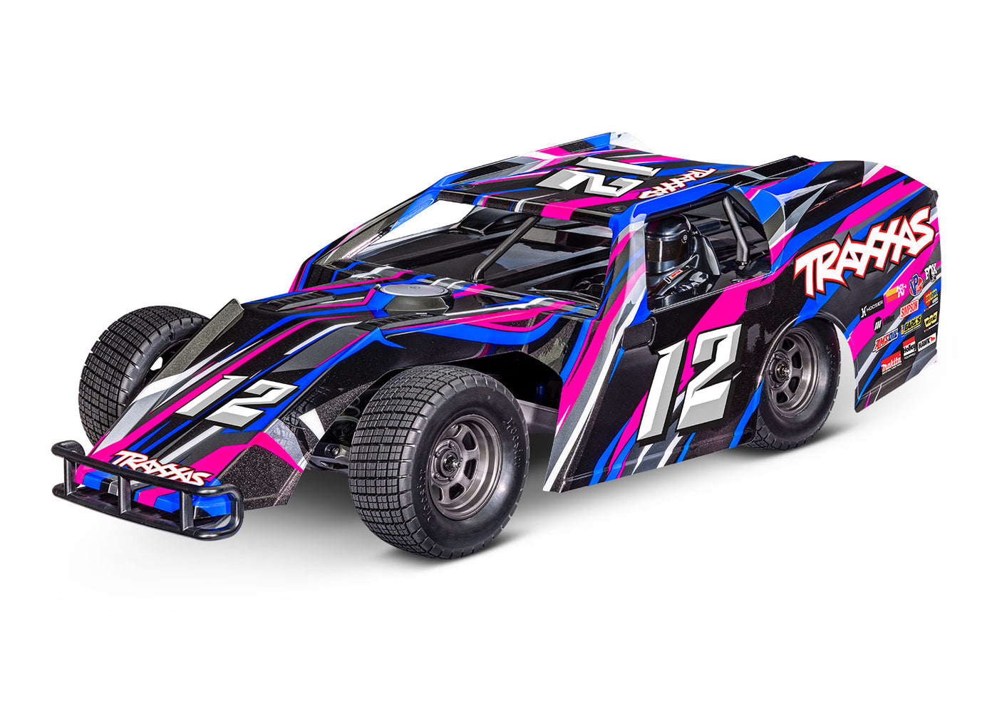 Traxxas Slash Modified BL-2s radio-controlled RC truck with pink body and detailed front view.