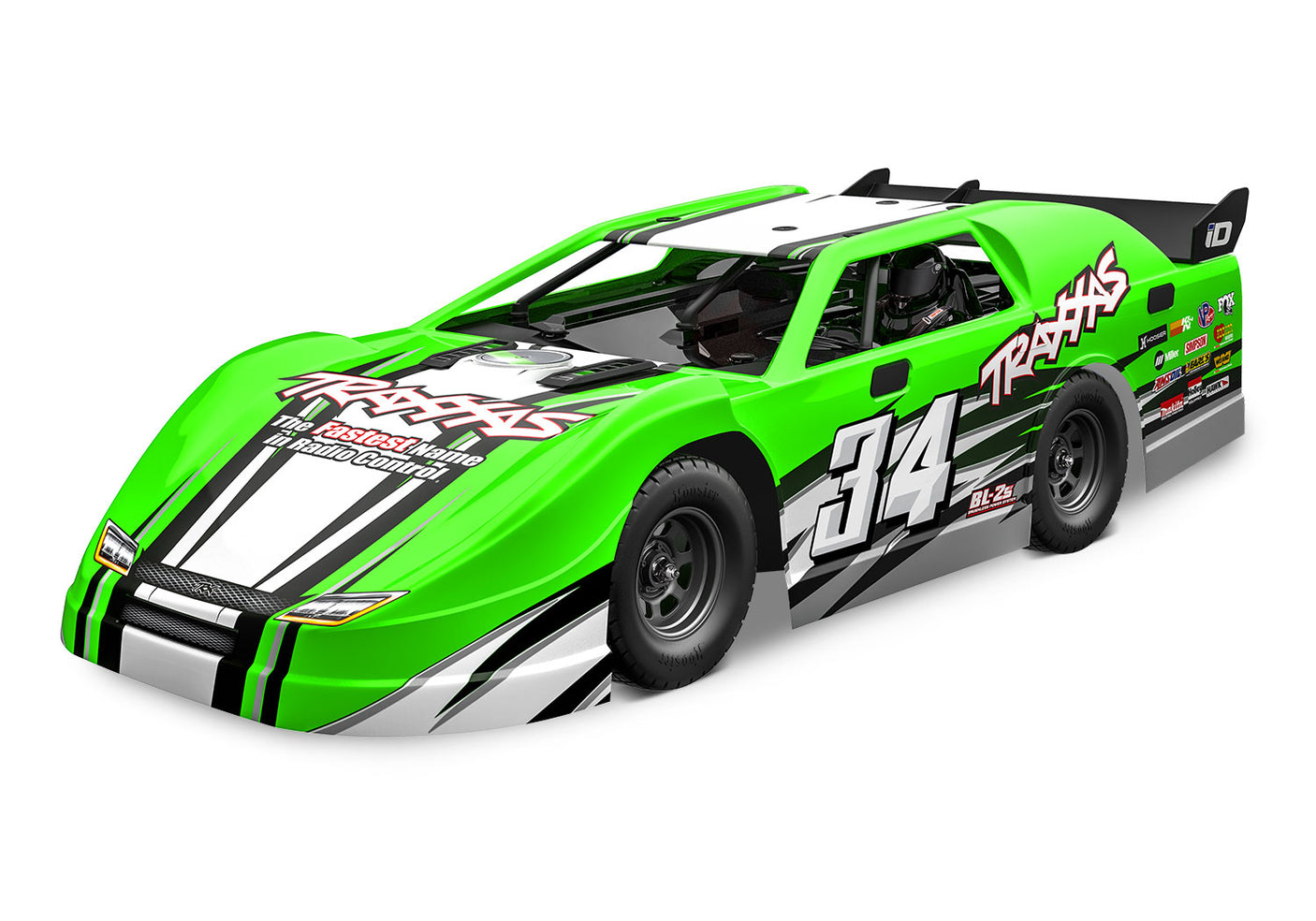 Traxxas Slash Late Model BL-2s RC truck with green body, three-quarter front view, showcasing detailed exterior and racing design.