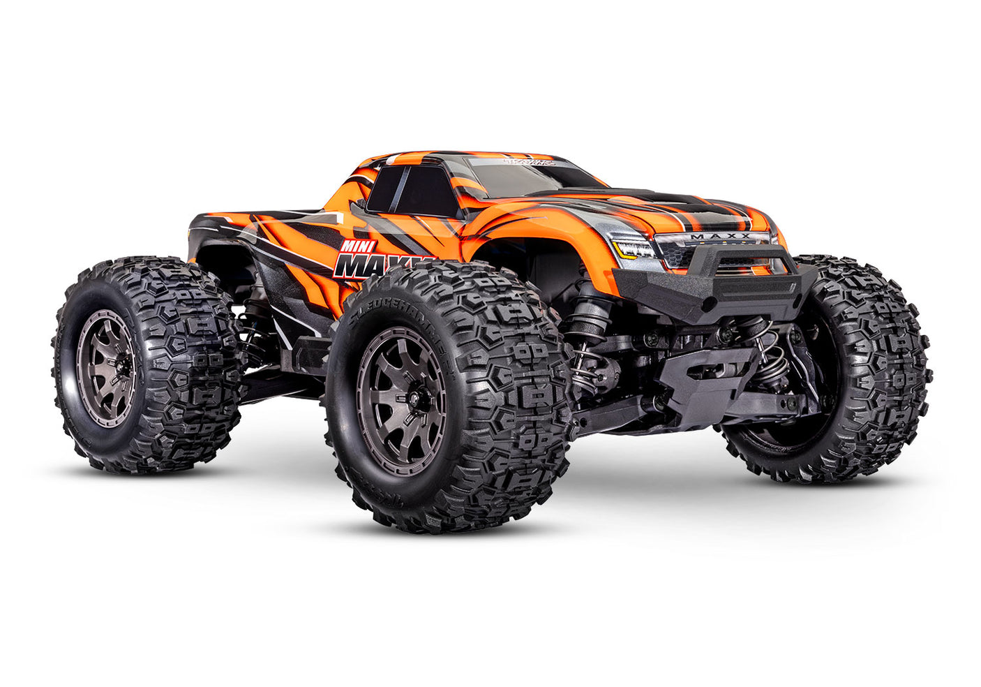 Orange Traxxas Mini Maxx 1/16 BL-2S RC truck with detailed front view and rugged tires.