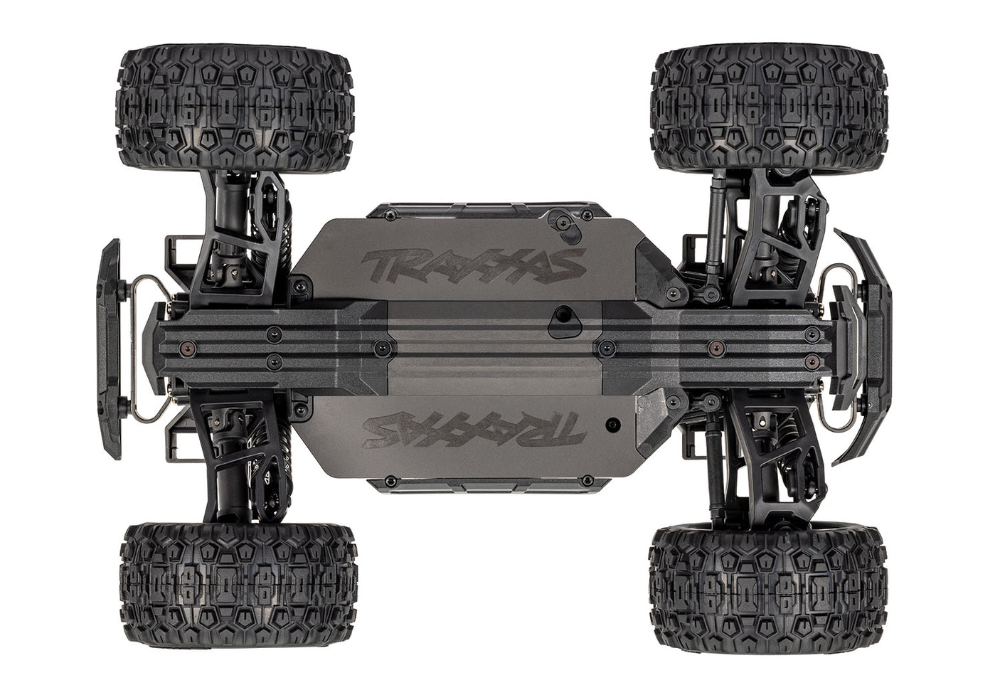 Traxxas Mini Maxx 1/16 BL-2S RC truck chassis bottom view showing detailed components and construction.