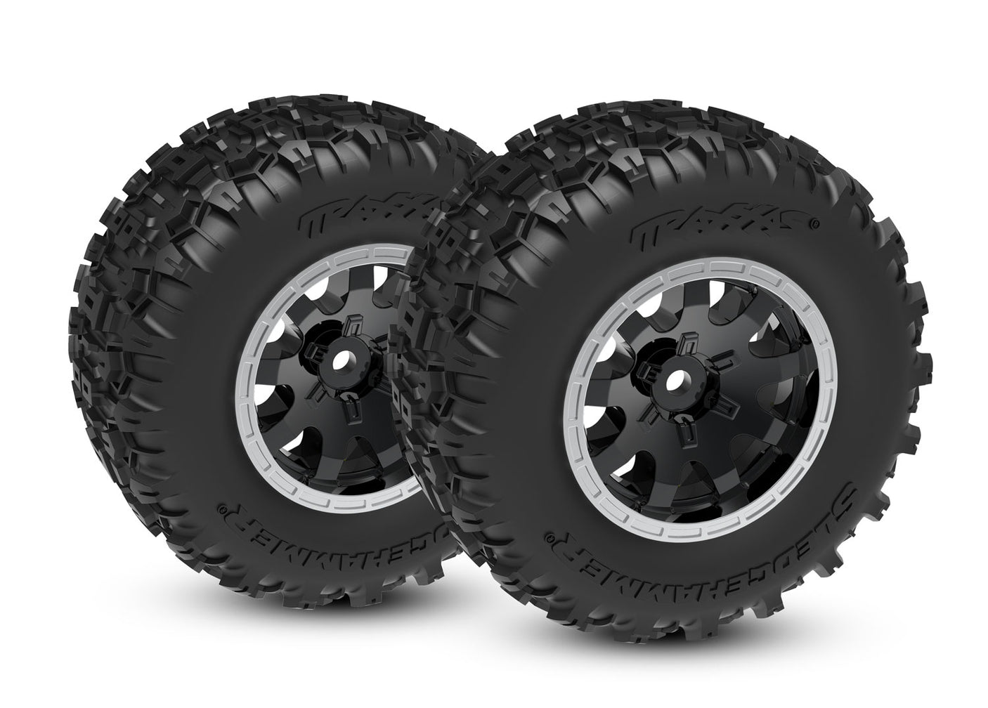 Traxxas Mini Maxx/XRT 4-inch rear wheels with black tires and rims for RC trucks, shown on a white background.