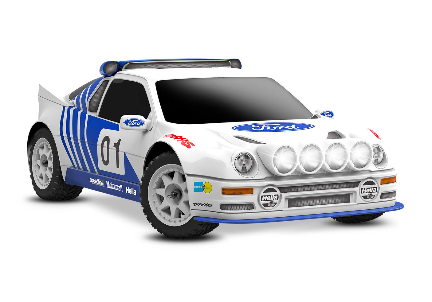Traxxas Mini Rally VXL Ford RS200 remote control car, front three-quarter view showing white body and detailed design.