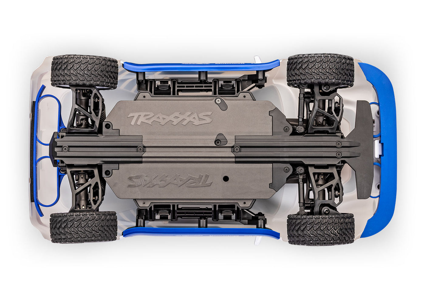 Traxxas Mini Rally VXL Ford RS200 remote control car chassis bottom view in blue, showcasing detailed design and components.