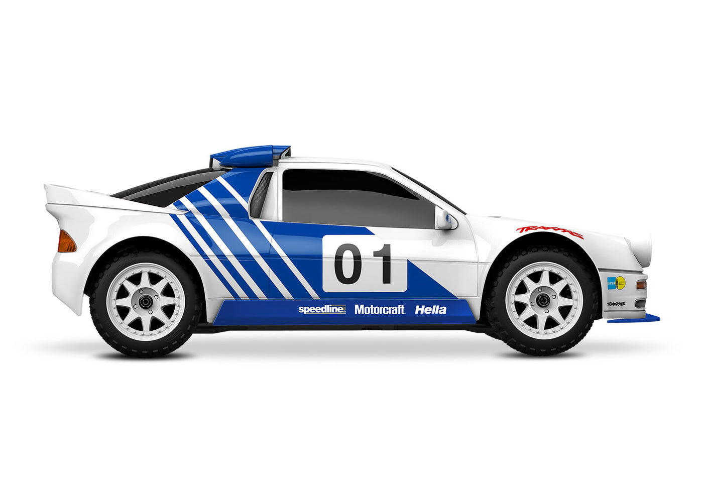 Traxxas Mini Rally VXL Ford RS200 remote control car viewed from the side on a white background.