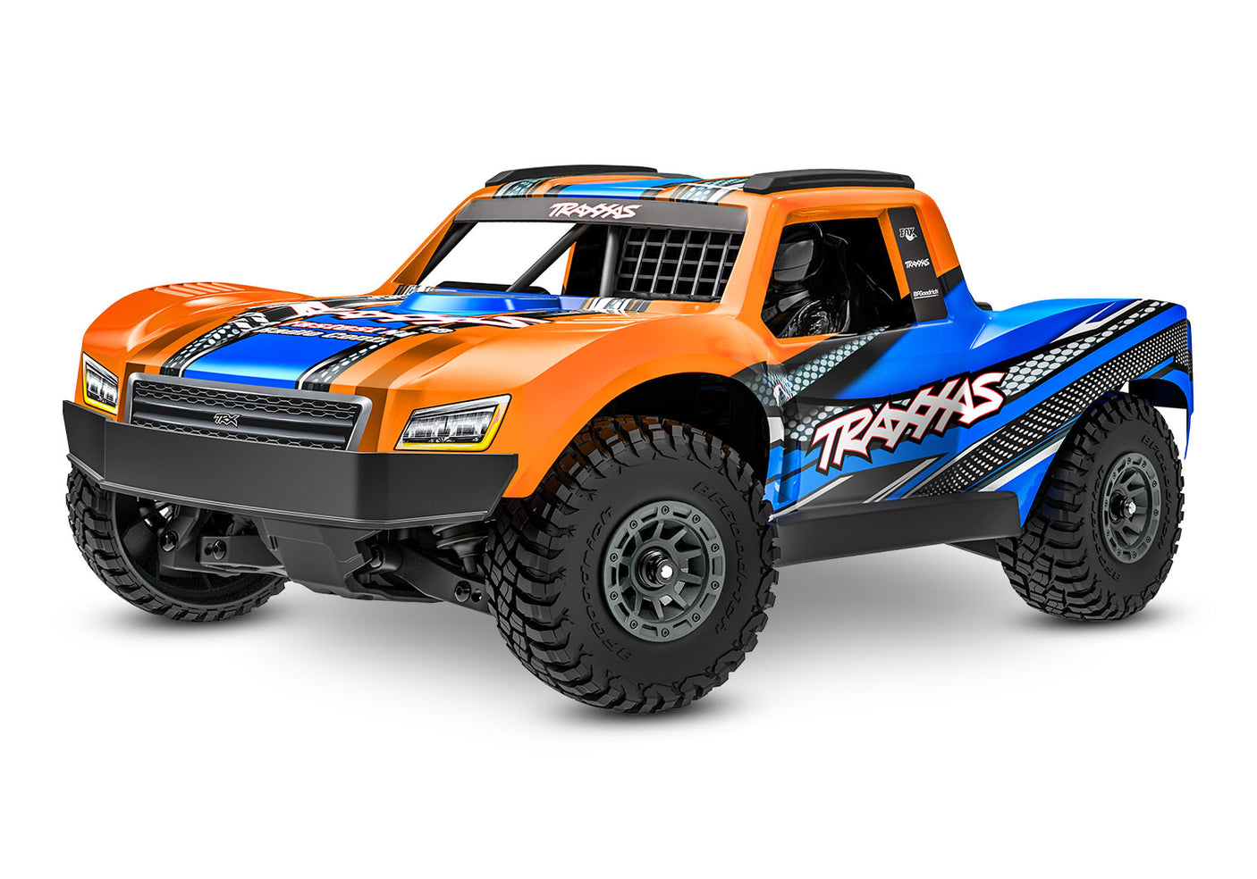 Traxxas Mini Slash 4X4 RC truck in orange, front left view showing detailed body and off-road tires.