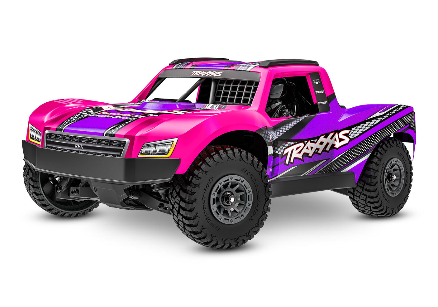 Pink Traxxas Mini Slash 4X4 RC truck shown from front left angle, highlighting its compact size and rugged design.