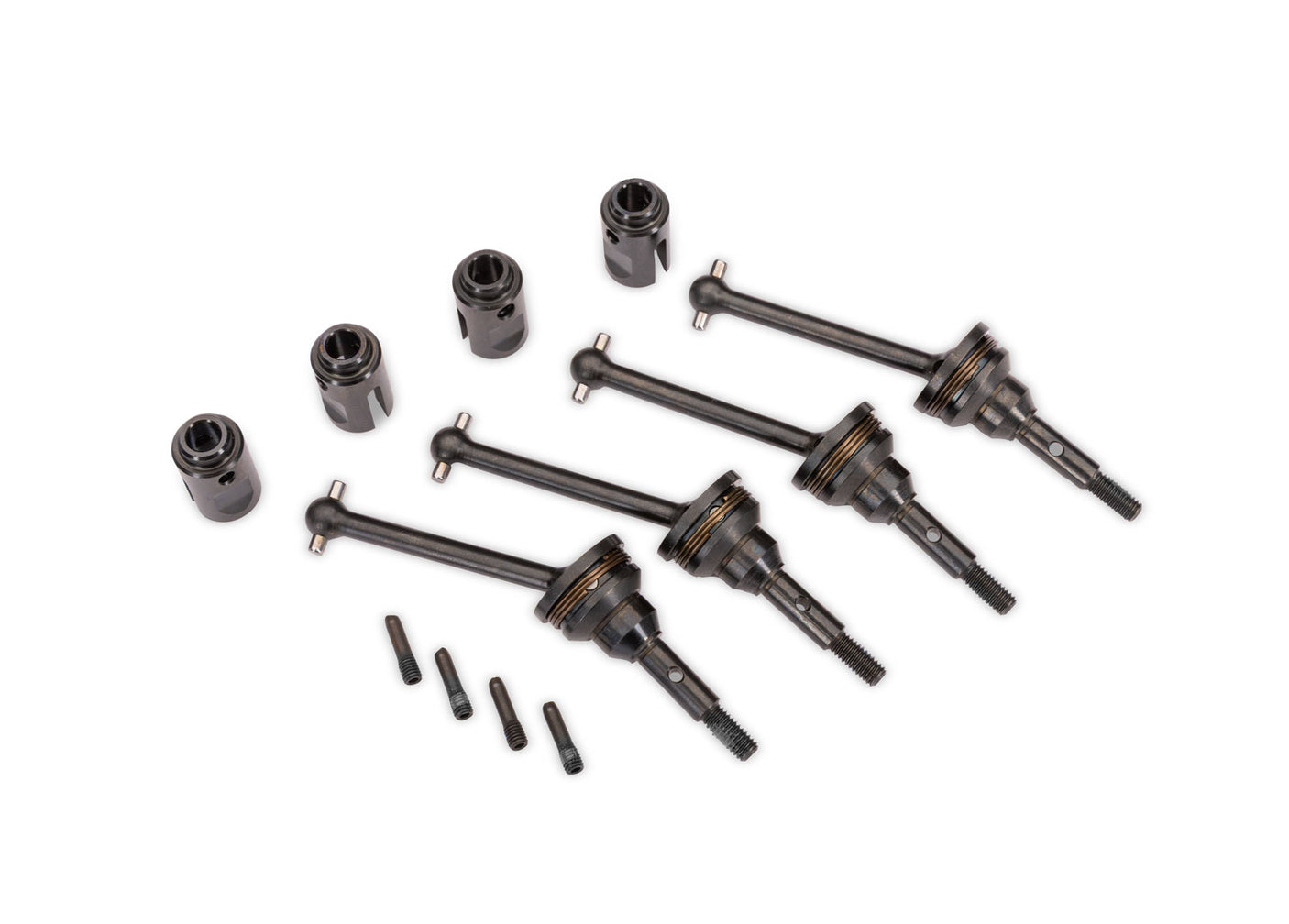 Traxxas steel CV driveshaft assemblies and drive cups for RC cars, featuring durable metal construction and precision fit.
