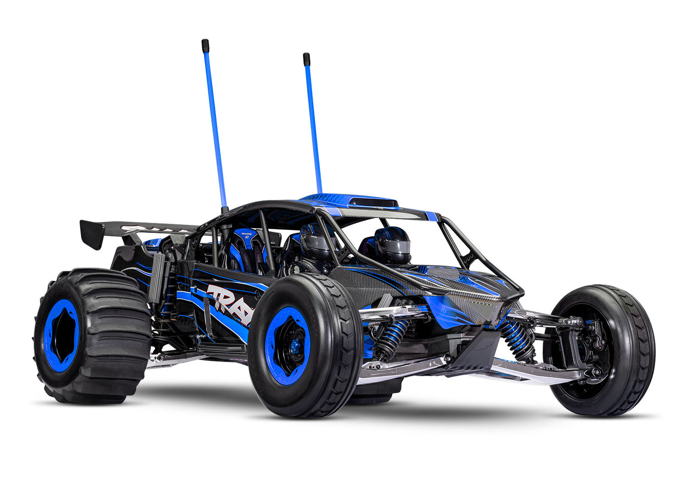 Traxxas Pro Scale Sand Car in blue, quarter front-right view showcasing detailed off-road RC vehicle with rugged tires.