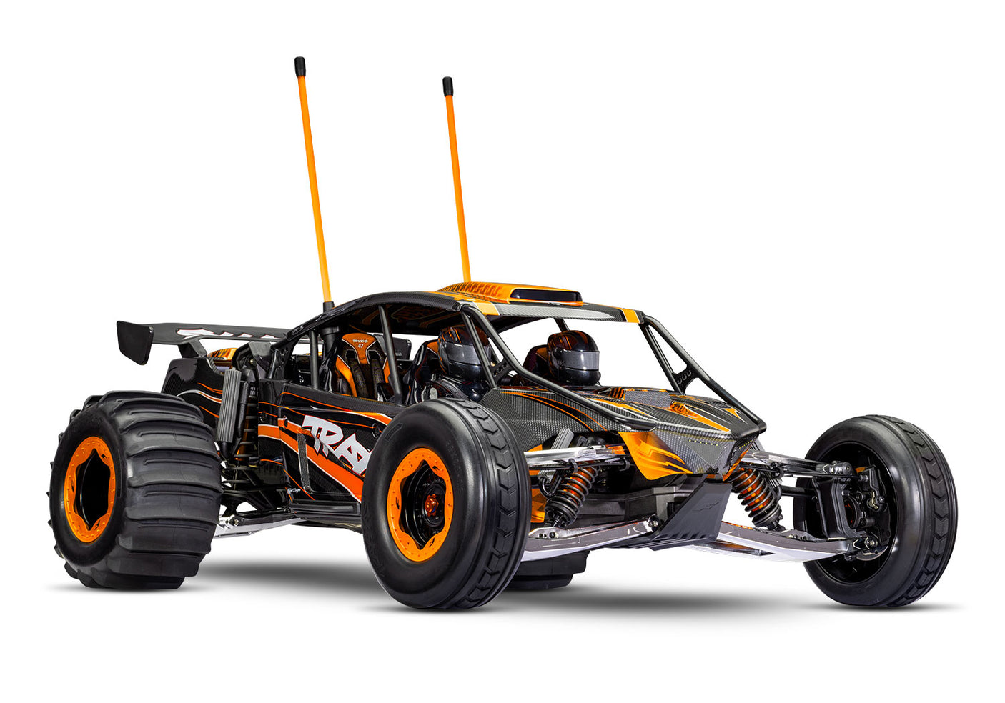 Traxxas Pro Scale Sand Car in orange, front right view, detailed RC off-road vehicle with large tires and aerodynamic design.