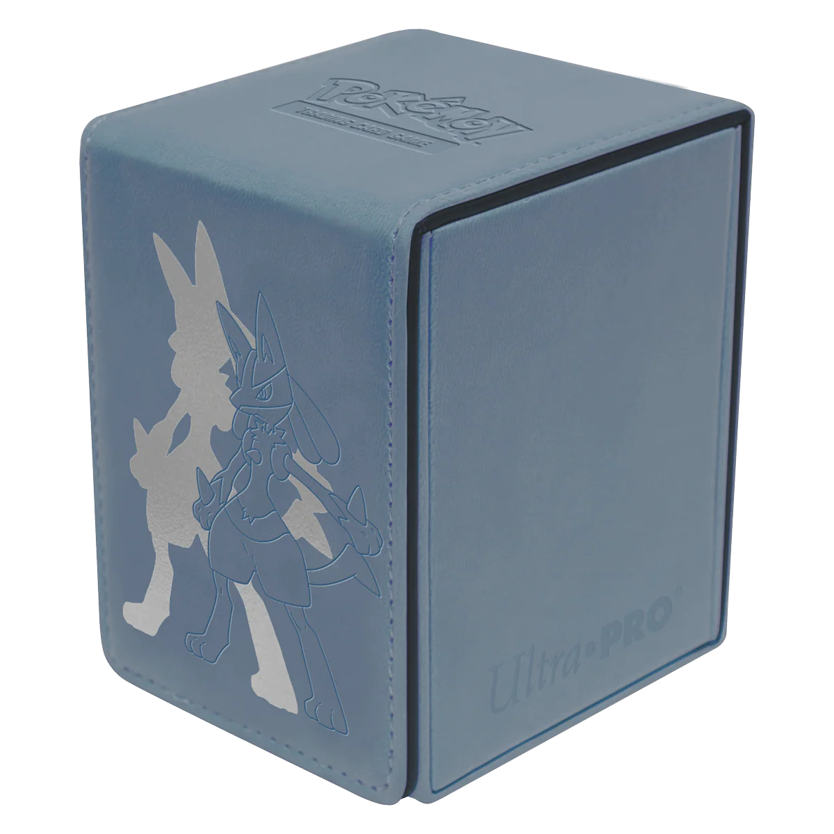 Ultra Pro Elite Series Lucario deckbox for card storage, featuring a detailed Lucario design with black and blue accents.