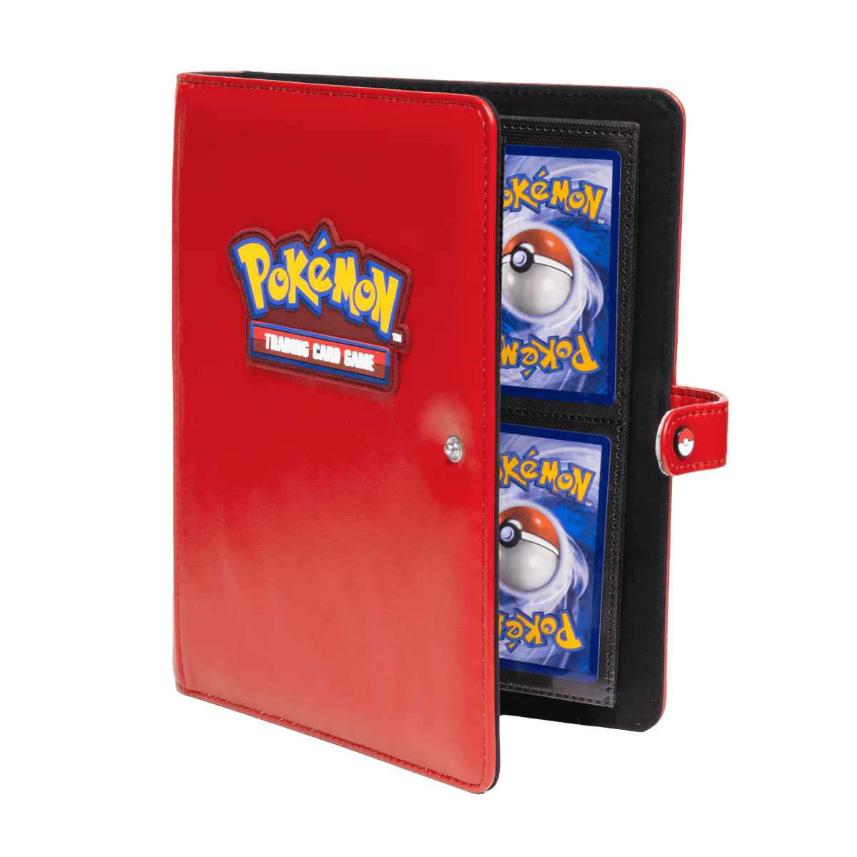 Ultra Pro premium red 4-pocket snap binder for Pokémon cards, shown from an angled view with secure snap closure.