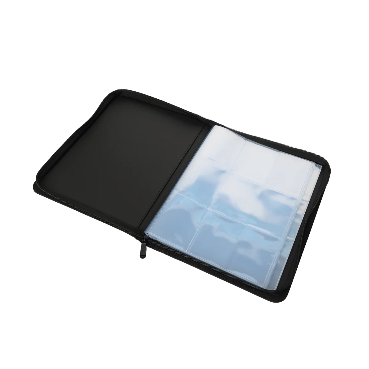 Open Ultra Pro 9-pocket zippered PRO-Binder showing clear plastic sleeves for organizing trading cards or collectibles.