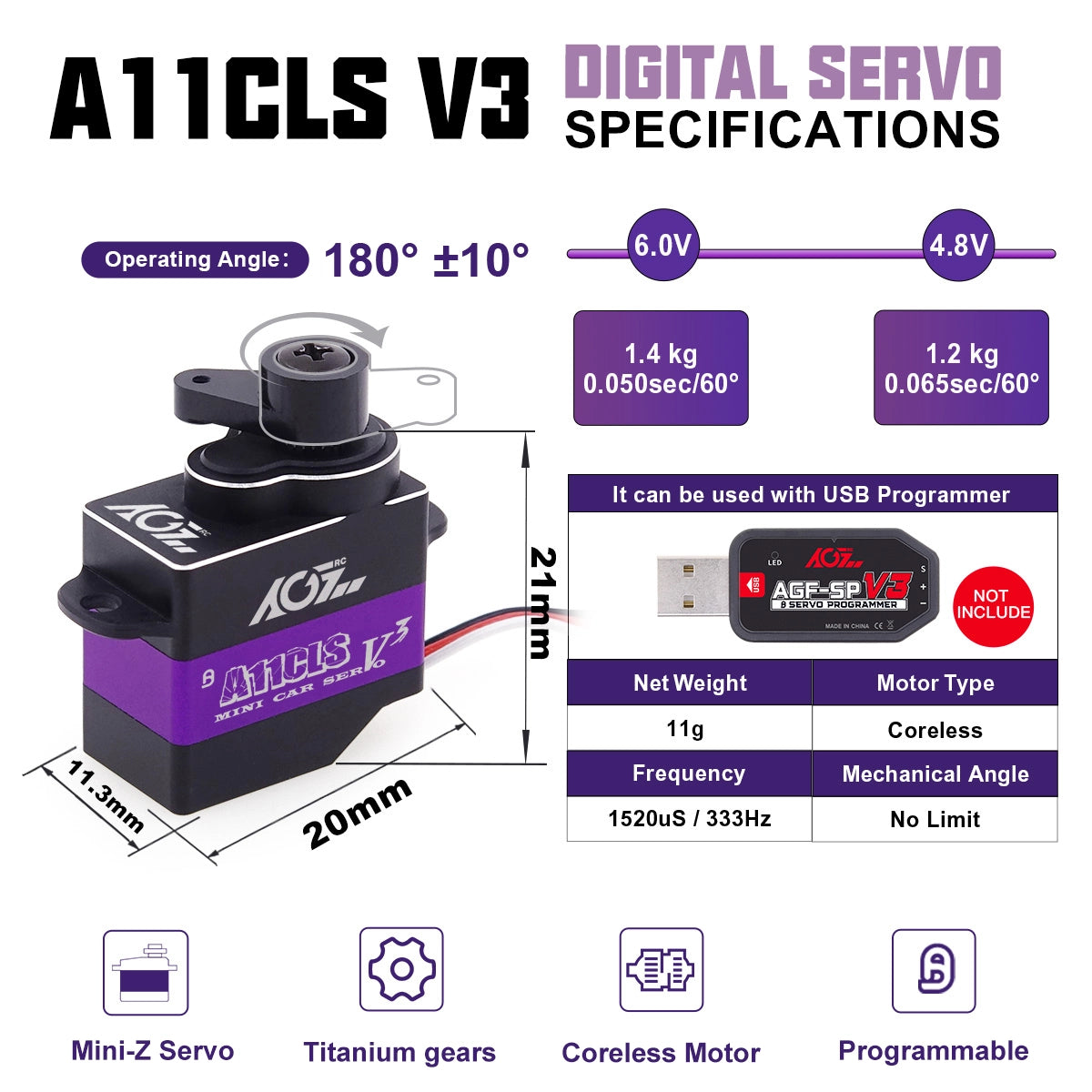 AGF RC A11CLSV3 digital coreless micro servo for RC cars, with compact design for mini Z cars and precise control.