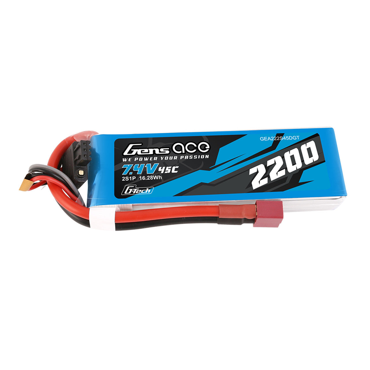 Gens Ace G-Tech 2200mAh 7.4V 45C RC car LiPo battery with black and red connector wires and label showing specifications.