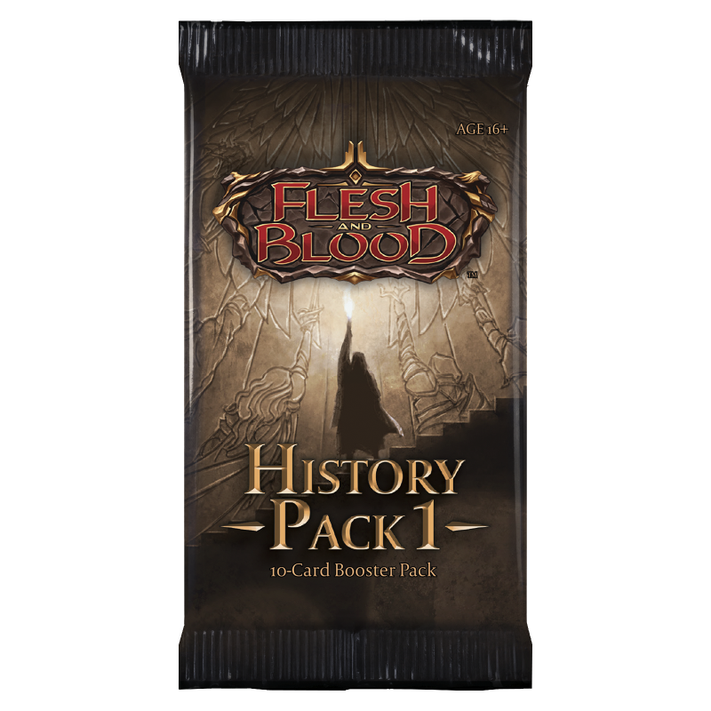 Flesh and Blood History Pack 1 booster pack of collectible trading cards by Legends Story Studios, featuring vibrant card artwork.