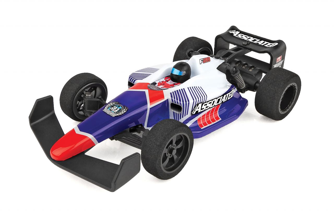 Team Associated F28 Formula RC 1/28 scale 2WD remote control car on track, detailed view of the sleek racing vehicle.