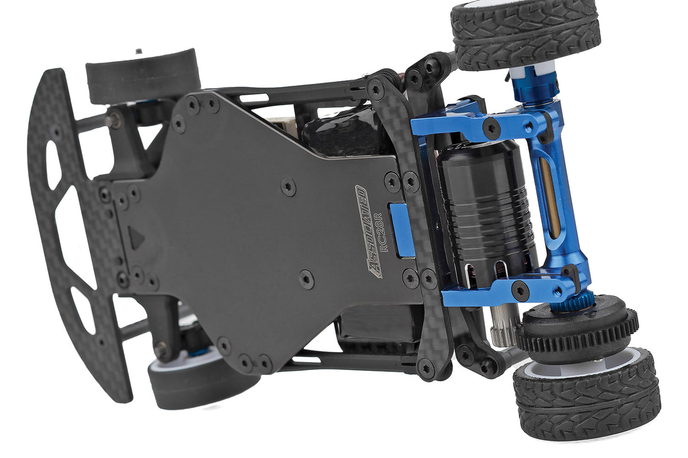 RC28 Team Associated RC28 Team Kit with black chassis and detailed components shown in the image.