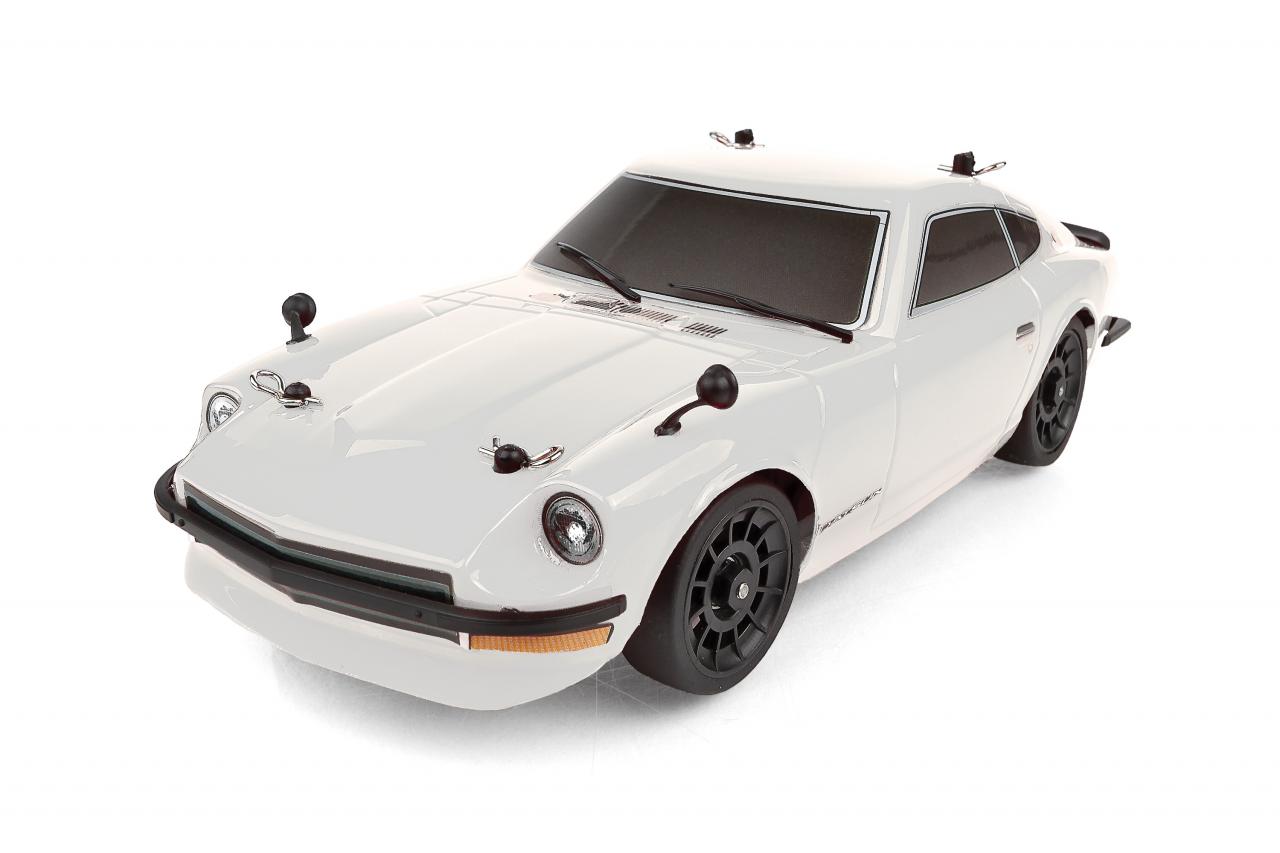 Team Associated SR27 Datsun 240Z RC car with detailed exterior and open wheels, ready for racing.