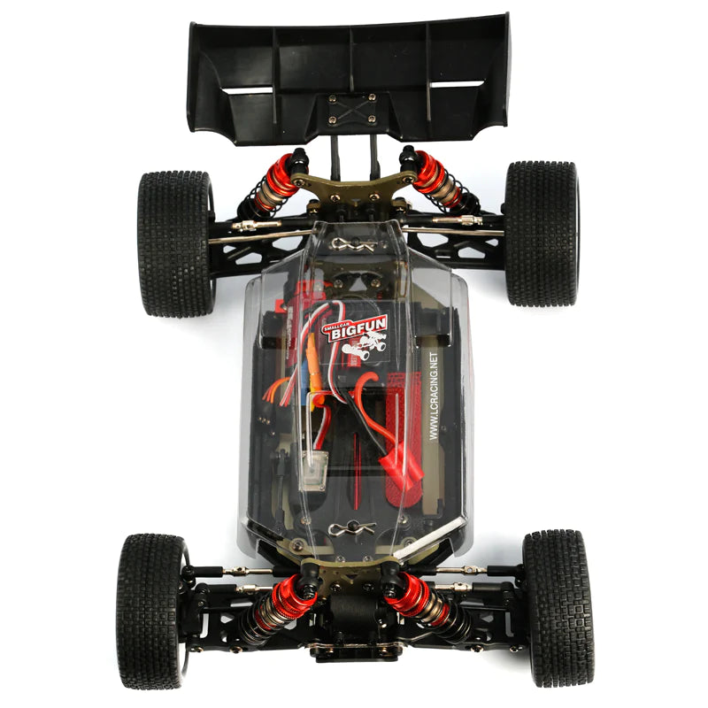 LC Racing EMB-1 1/14 4WD Buggy Kit, assembled RC buggy with detailed chassis and off-road tires, ready for racing.