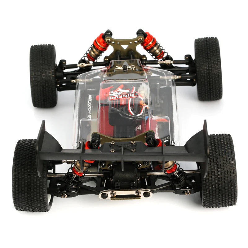 LC Racing EMB-1 Pro 1/14 scale 4WD buggy kit showing the detailed chassis and components for remote control racing.