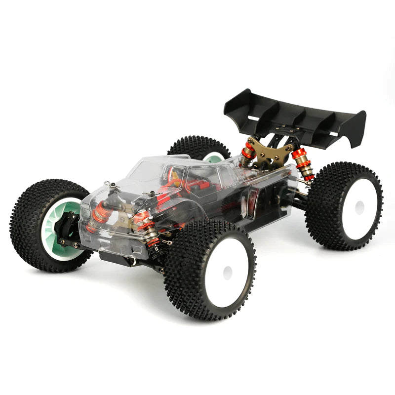 LC Racing L6242 1/14 EMB-TG 2021 clear truggy body made of PC, shown on a model truggy for RC racing.