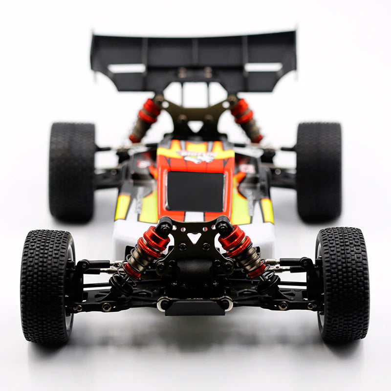 LC Racing EMB-1 1/14 scale 4WD RTR buggy shown with detailed chassis and off-road tires, ready for RC racing.