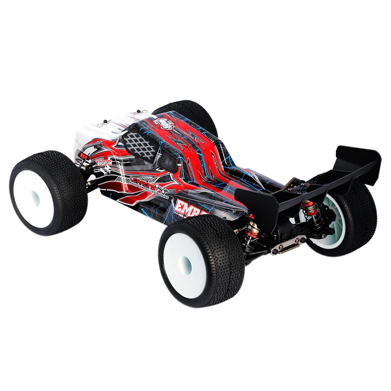 LC Racing EMB-T 1/14 scale 4WD RTR Truggy RC car on a track, showing its detailed body and off-road tires.